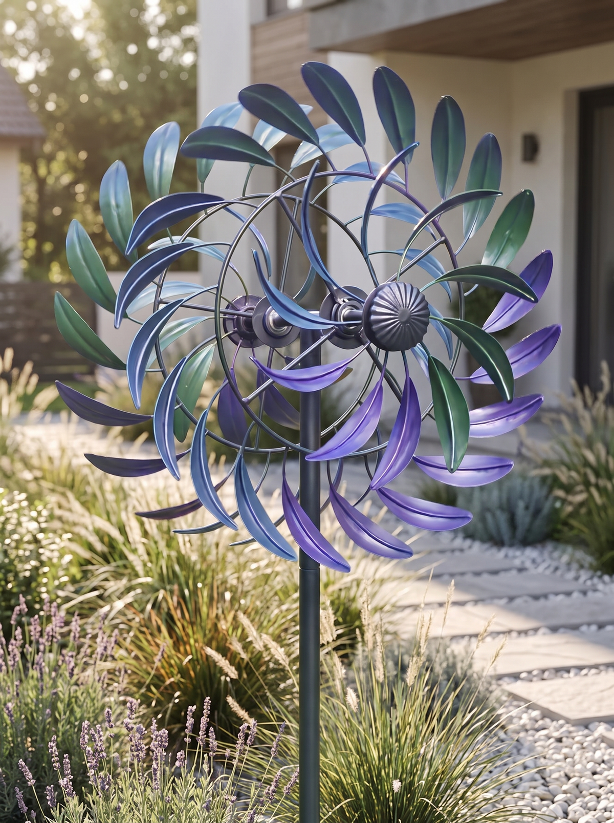 Metall Windspinner mit lila blauen Blättern dreht sich im Beet