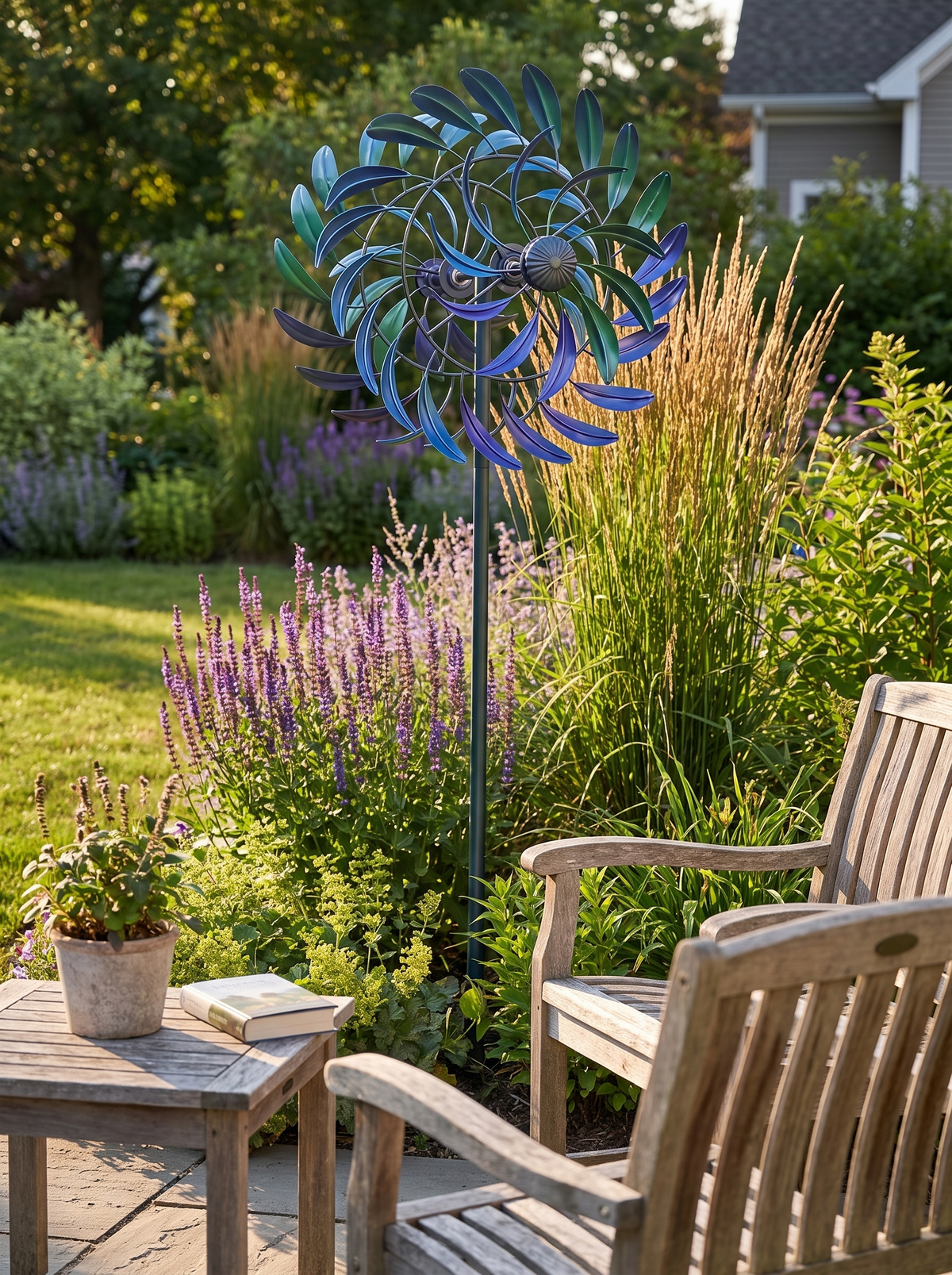 Hoher Windspinner ragt über das Beet, Blick von der Terrasse