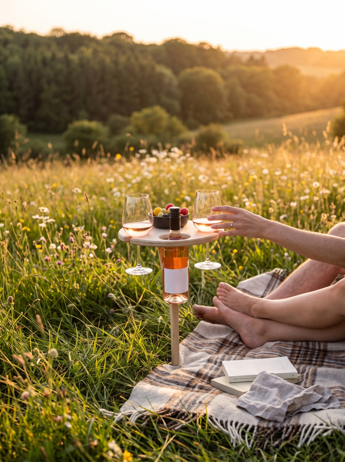Tragbarer Picknicktisch aus Holz im Gras neben der Picknickdecke