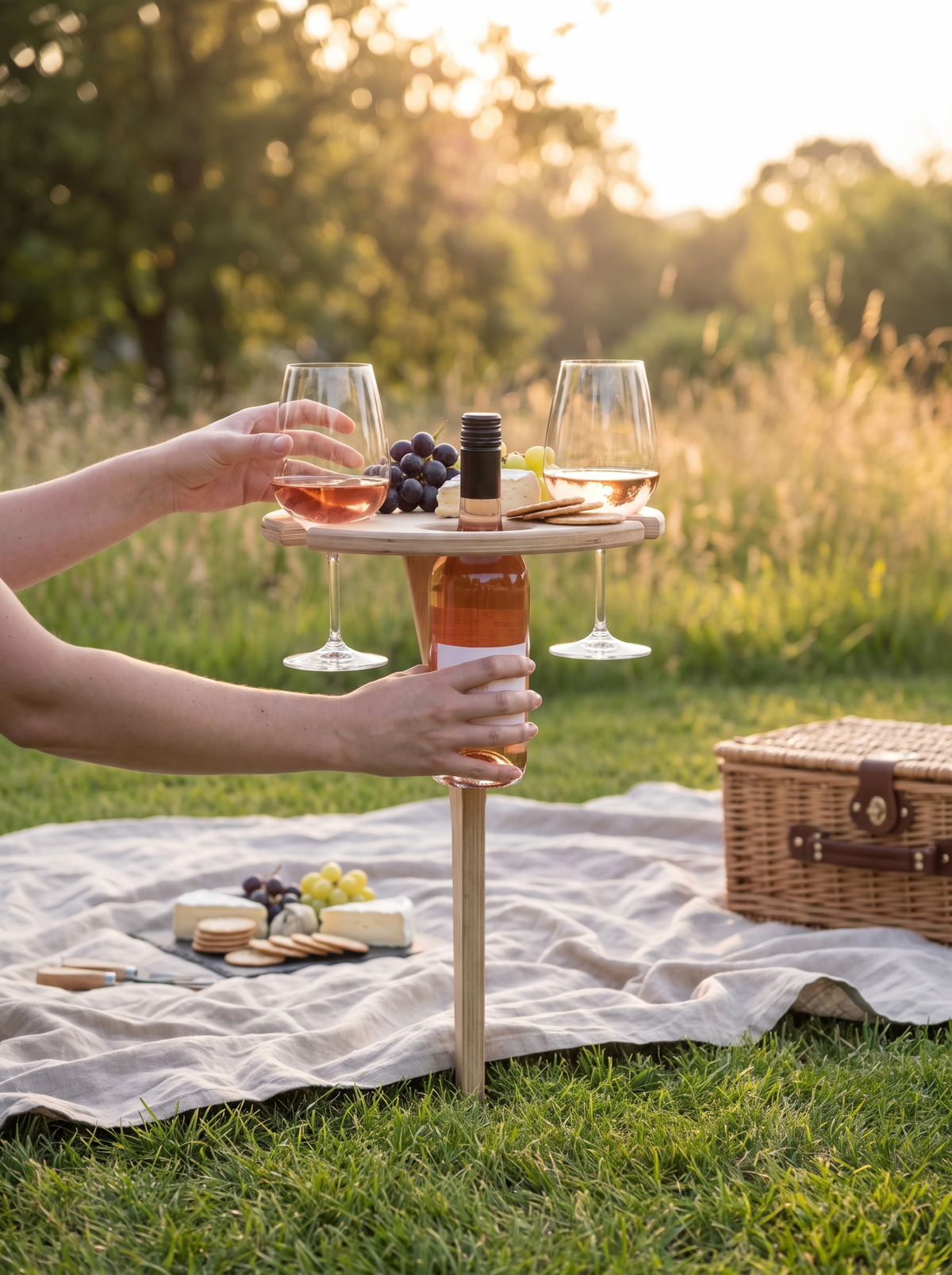 Picknicktisch mit Weinflasche, zwei Gläsern und Käse