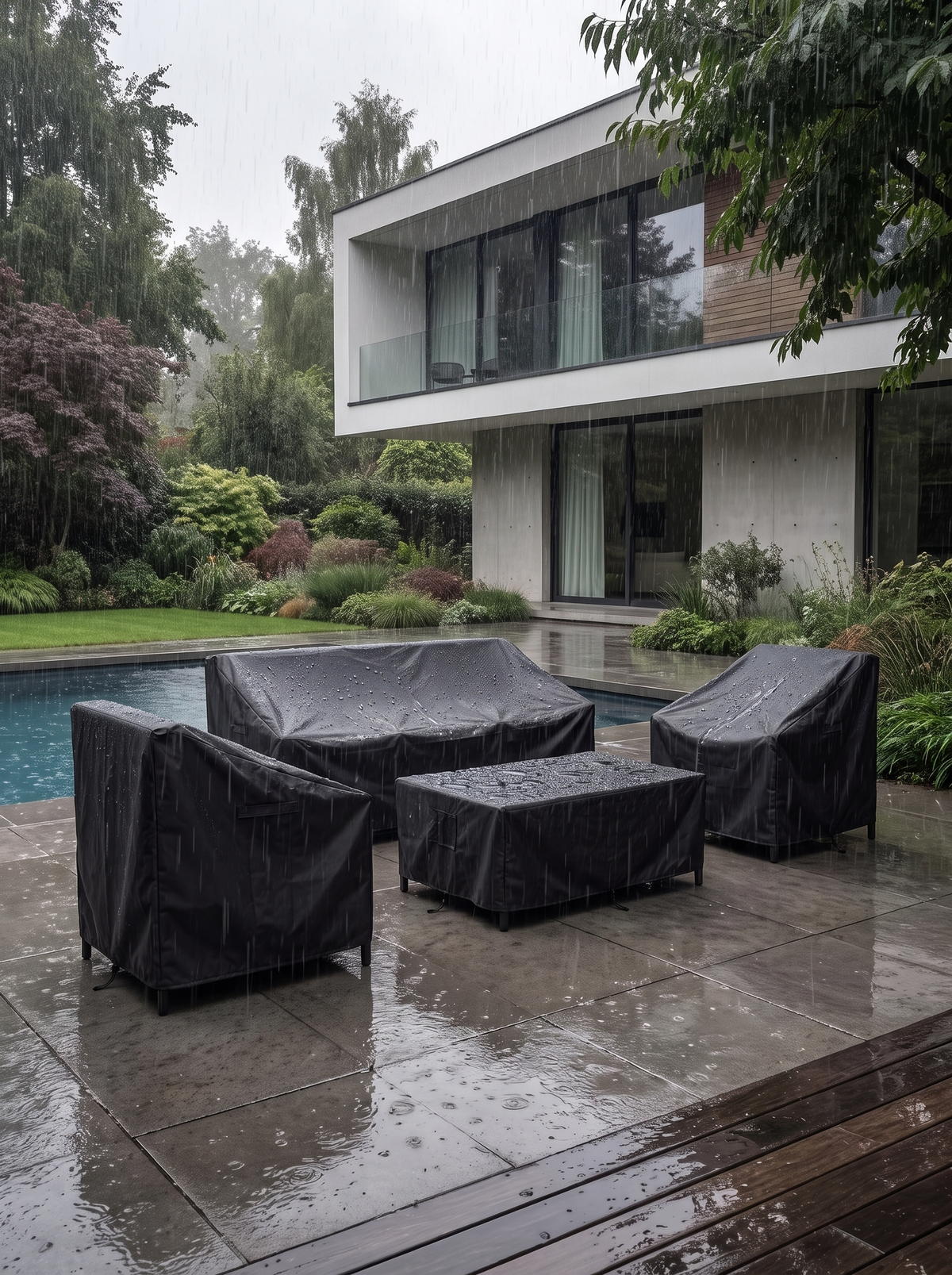 Wasserdichte Gartenmöbelabdeckung im Regen, Wasser perlt ab