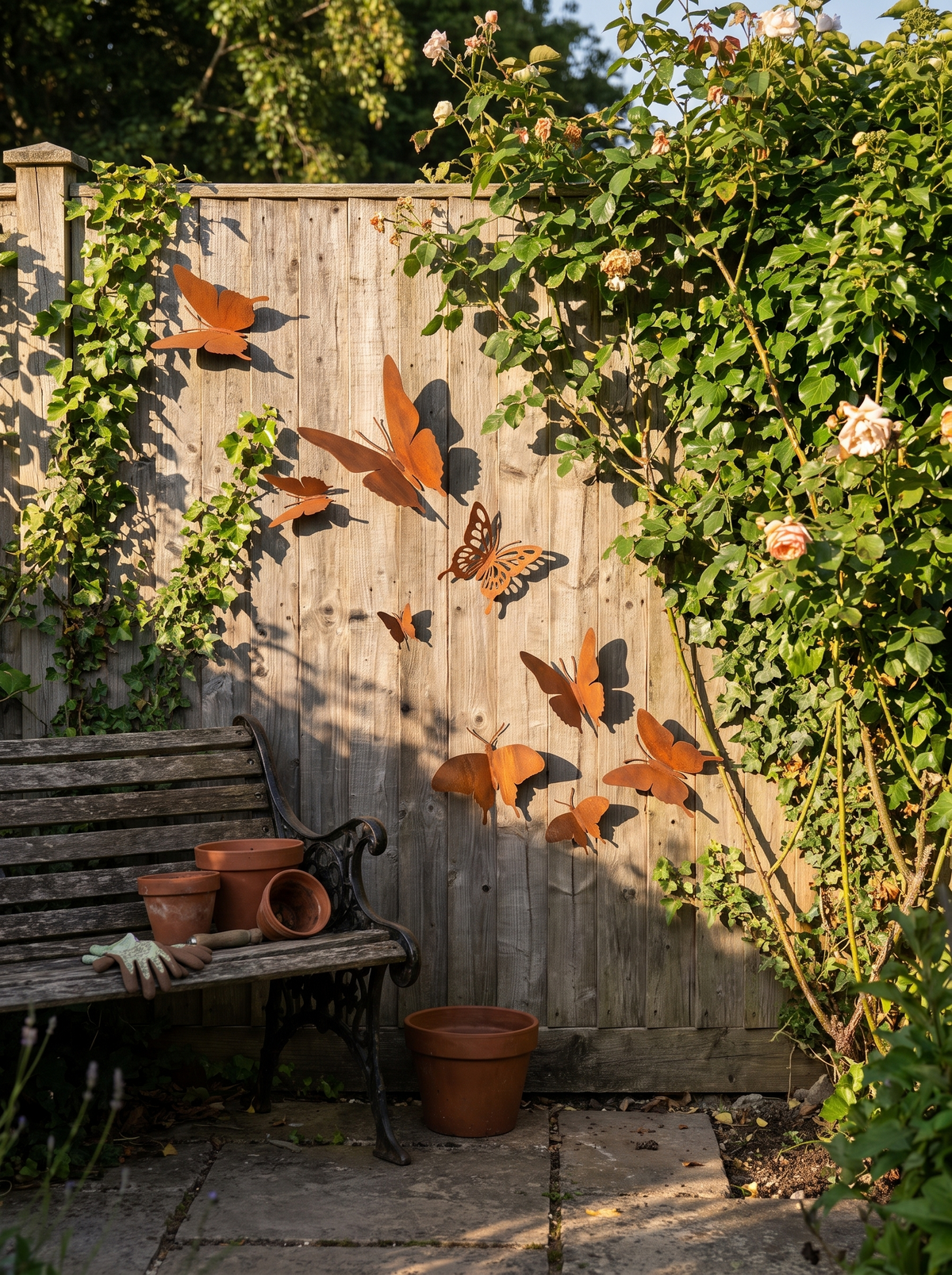 Schmetterlinge aus Metall als Schwarm am Gartenzaun