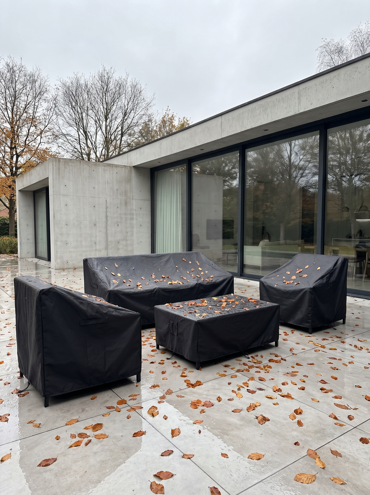 Gartenmöbelabdeckung auf der Terrasse im Herbst mit Laub