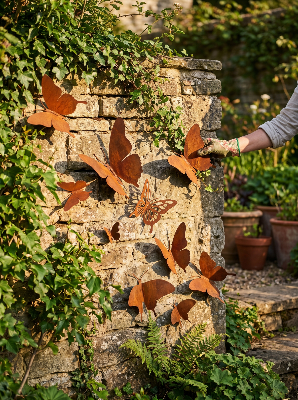 Schmetterlinge in Rost Optik an der Gartenmauer