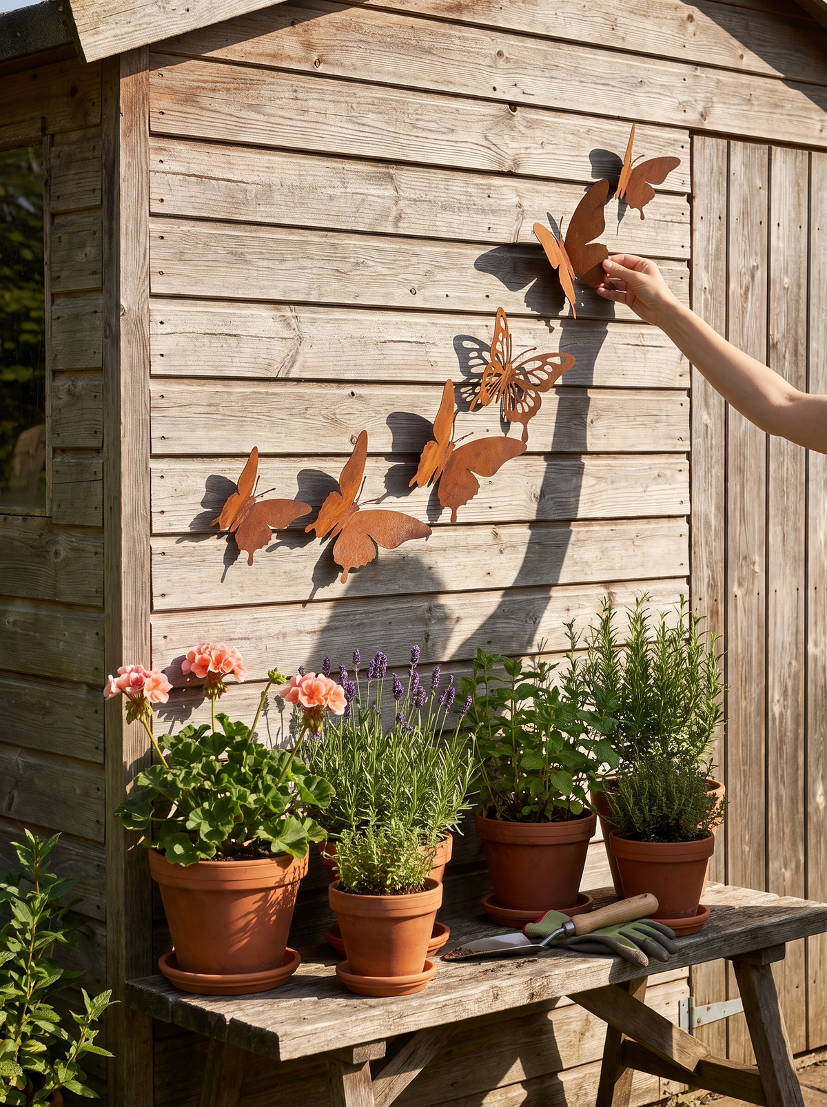 Hand befestigt einen Metall Schmetterling an der Gartenhauswand