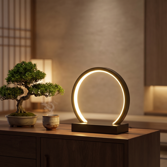 LED Ringlampe im Zen-Stil auf dem Sideboard