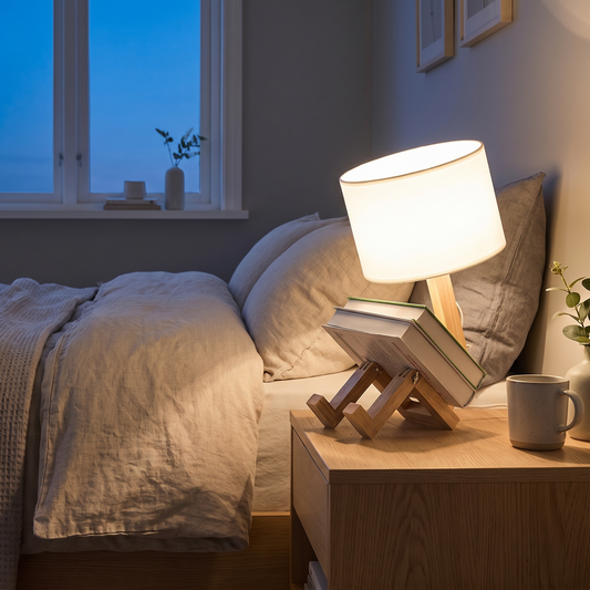 Nachttischlampe aus Holz mit Stoffschirm im Schlafzimmer