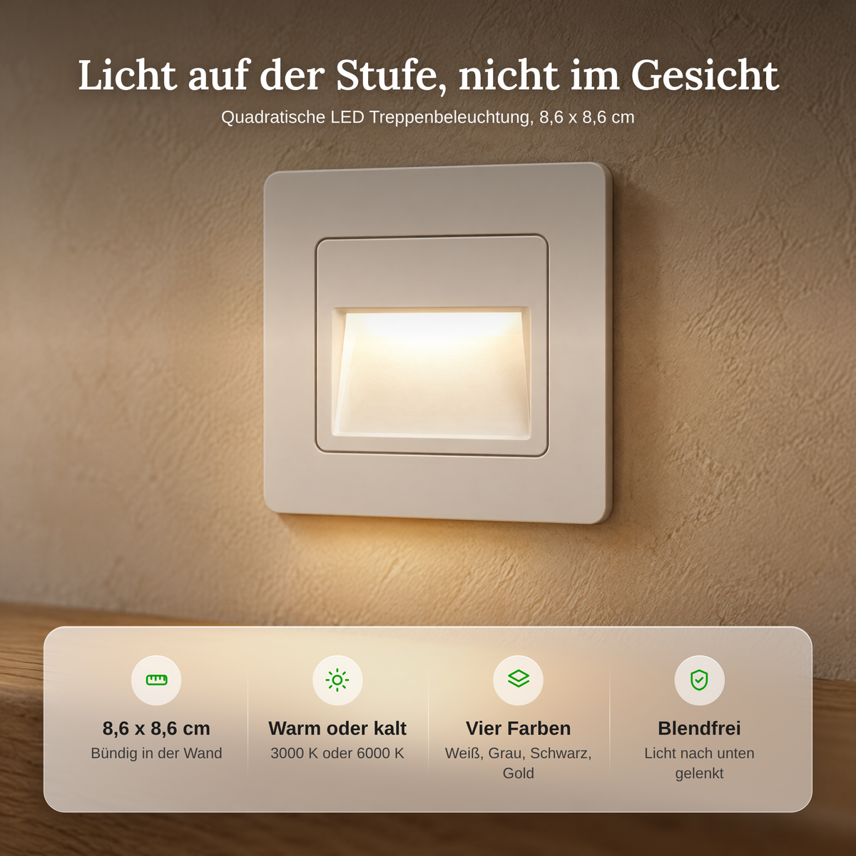 LED Treppenbeleuchtung 8,6 x 8,6 cm, Wandeinbauleuchte