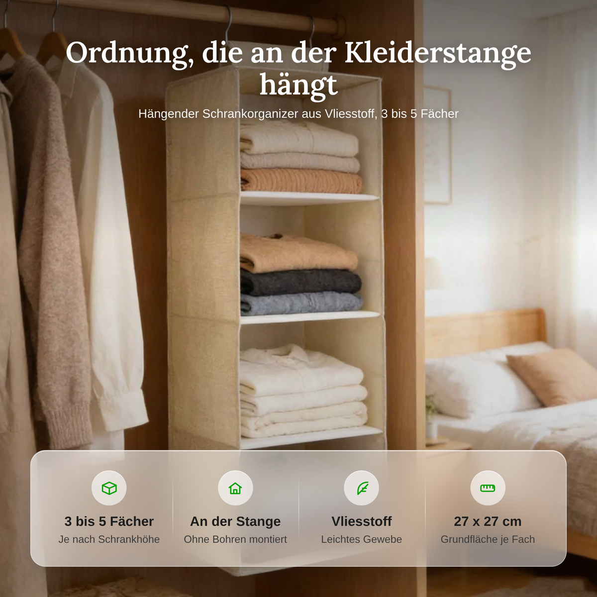 Hängender Schrankorganizer mit 3 bis 5 Fächern aus Vlies