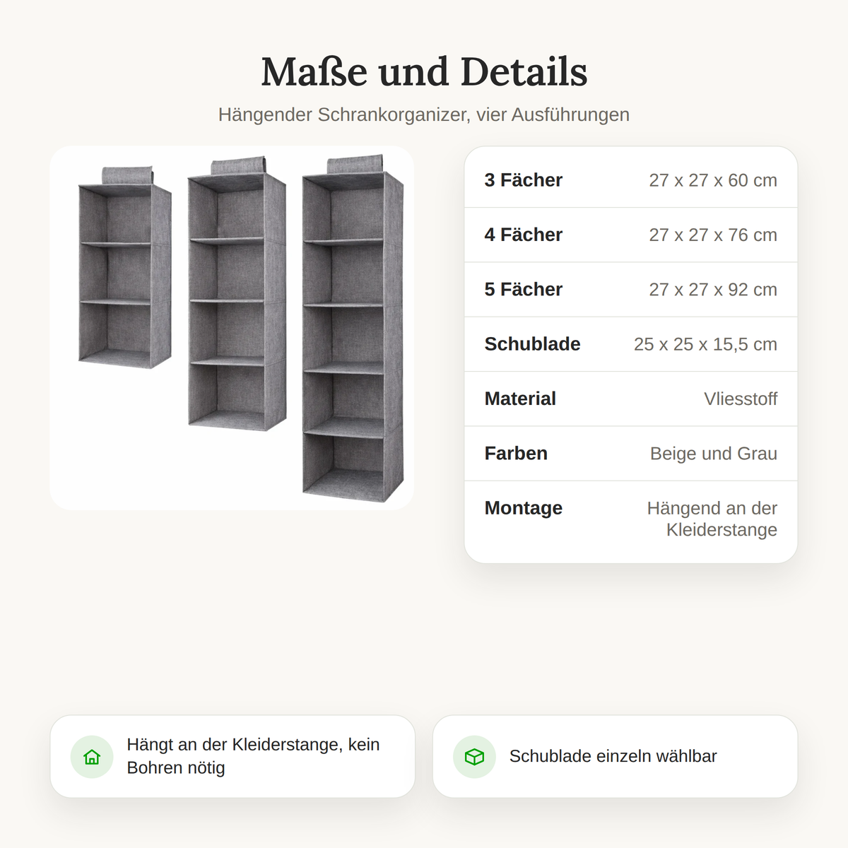 Hängender Schrankorganizer mit 3 bis 5 Fächern aus Vlies