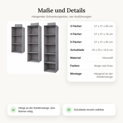 Hängender Schrankorganizer mit 3 bis 5 Fächern aus Vlies