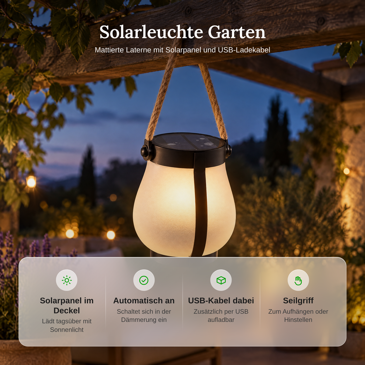 Solarleuchte Garten zum Aufhängen Ø 12 cm, USB aufladbar