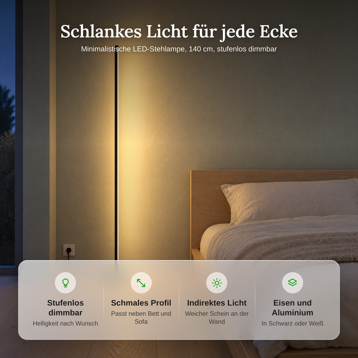 Minimalistische LED Stehlampe dimmbar 140 cm, Lichtleiste