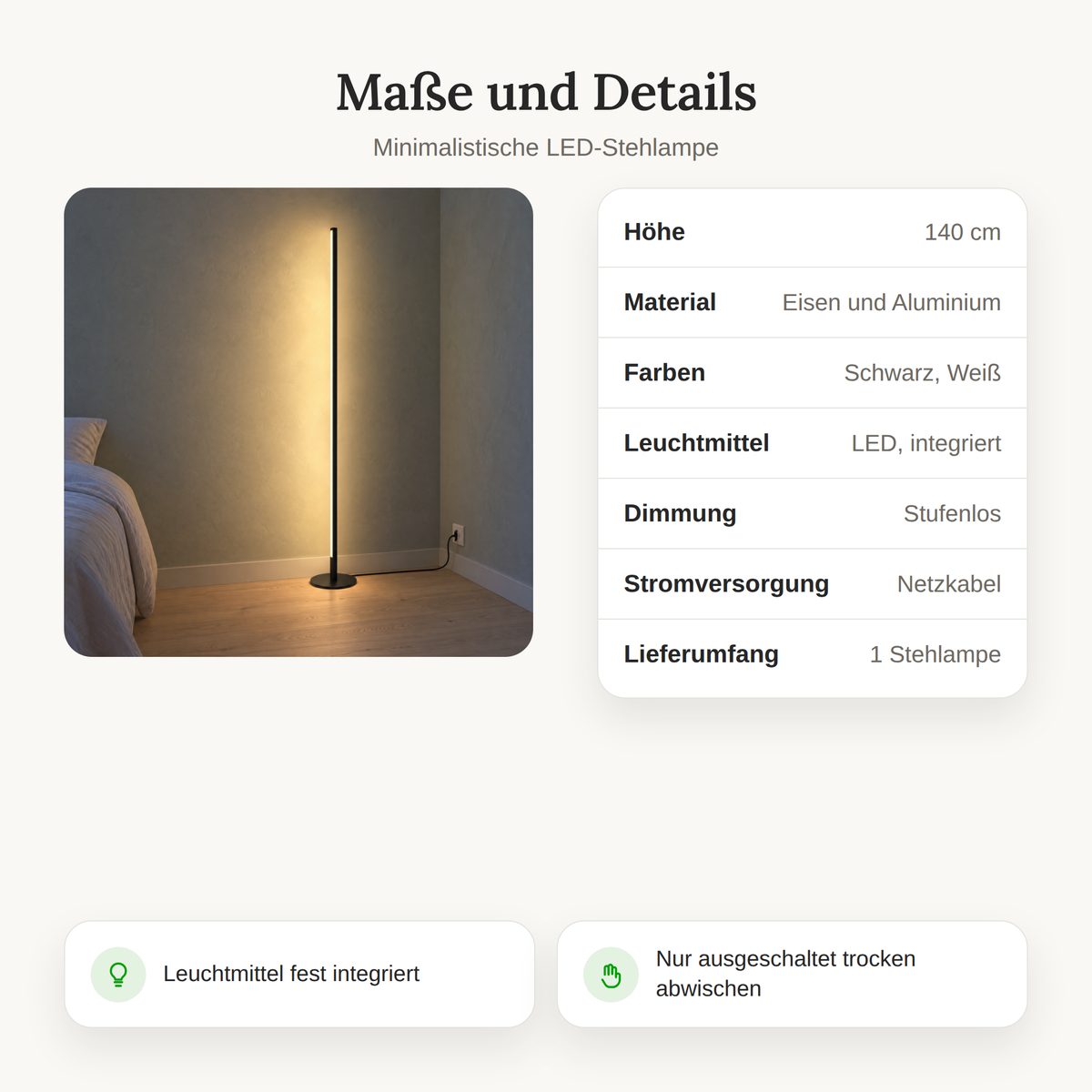 Minimalistische LED Stehlampe dimmbar 140 cm, Lichtleiste