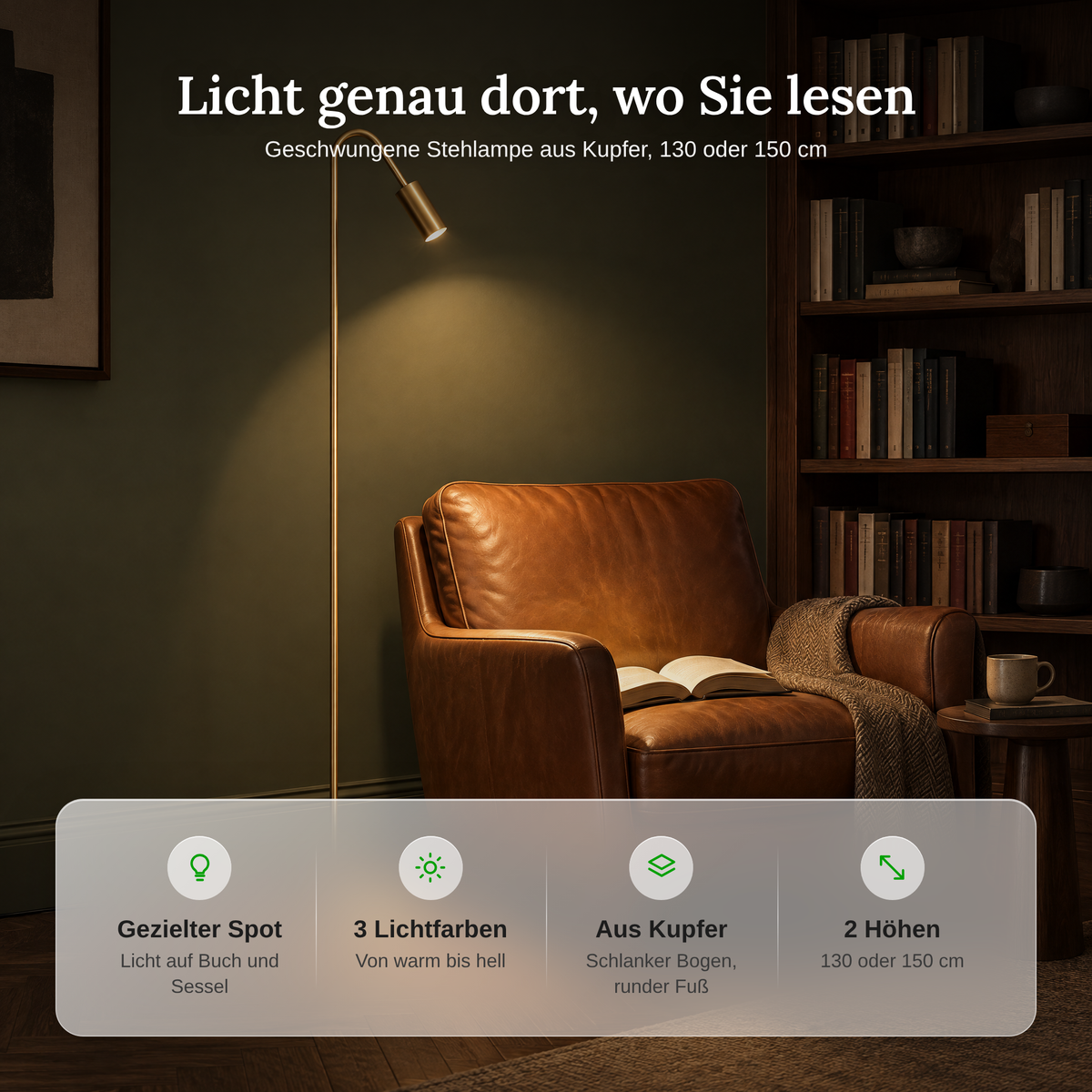 Geschwungene Stehlampe aus Kupfer mit Spot, 130 & 150 cm