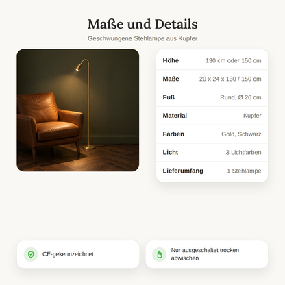 Geschwungene Stehlampe aus Kupfer mit Spot, 130 & 150 cm