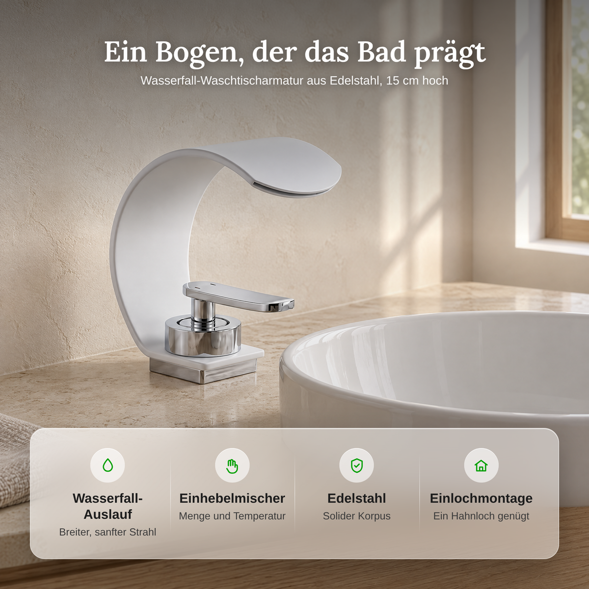 Wasserfall Waschtischarmatur 15 cm, Einhebel, Edelstahl